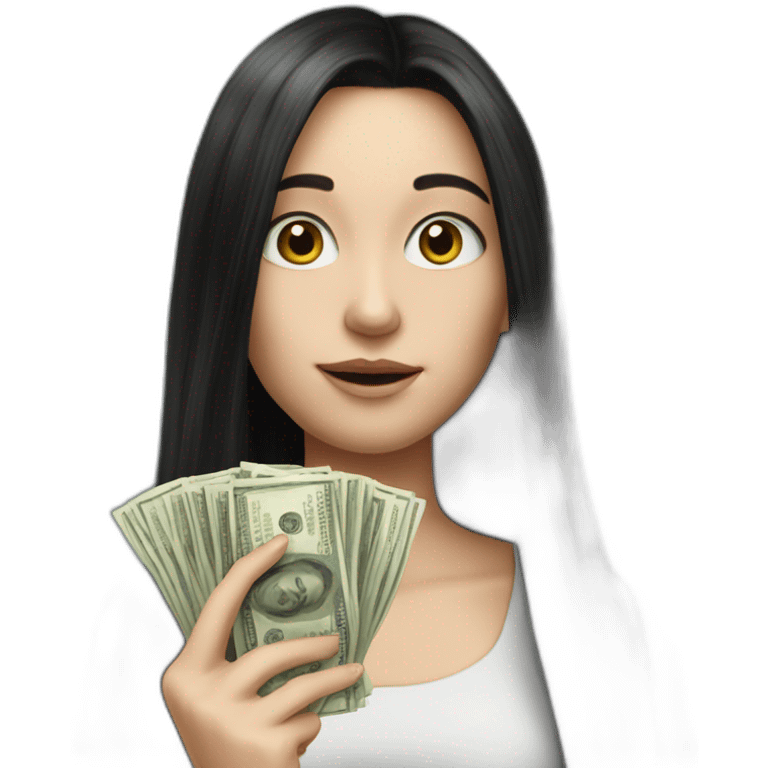 hyperrealist caucasian girl black long hair holding money emoji