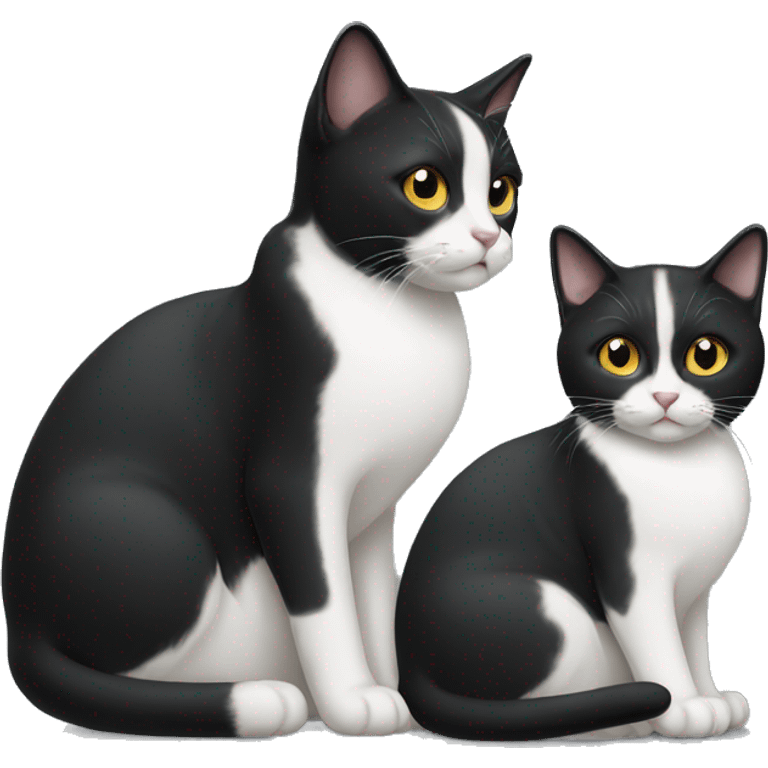 Two pet cats sitting together one is black and larger than the other which is a tuxedo cat emoji