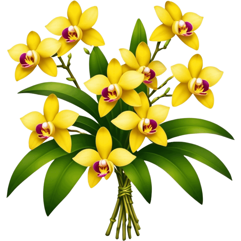 big bouquet yellow Dendrobium Orchid, stem, leaf emoji