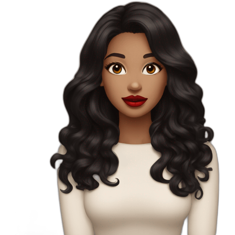 beautiful woman, hazel green eyes, black long wavy hair, tawny skin, big lips, red lipstick, great makeup emoji