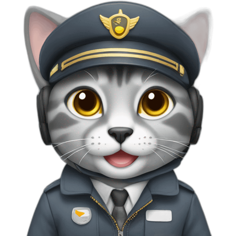 Cute grey happy cat pilot flying an airplane emoji