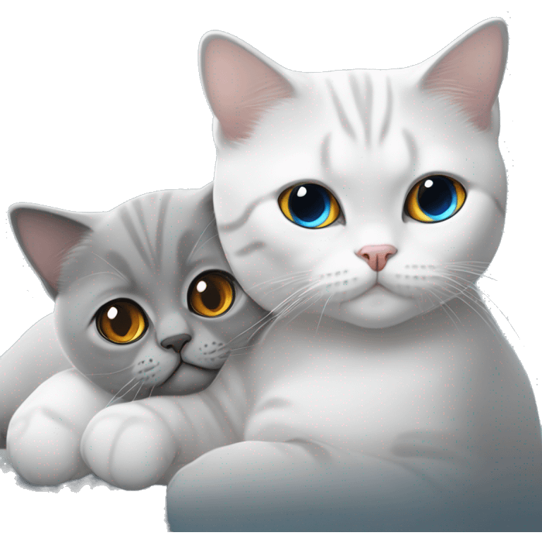 Grey British shorthair with amber eyes cuddling a white British shorthair with grey ears and blue eyes emoji