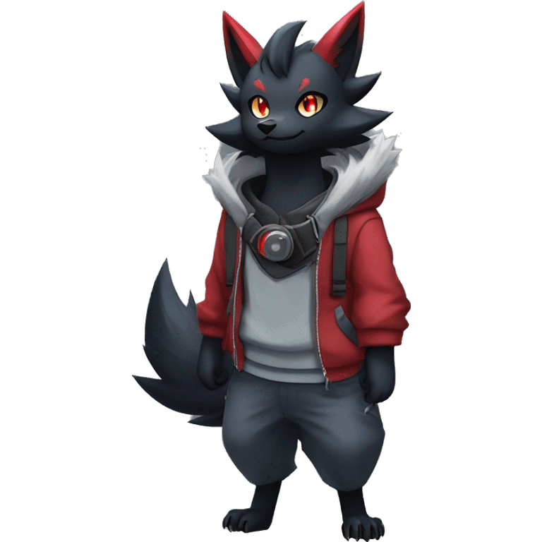 Cool Edgy Zorua-Zoroark-Mightyena with a collar and hoodie-sweater and harness on, full body emoji