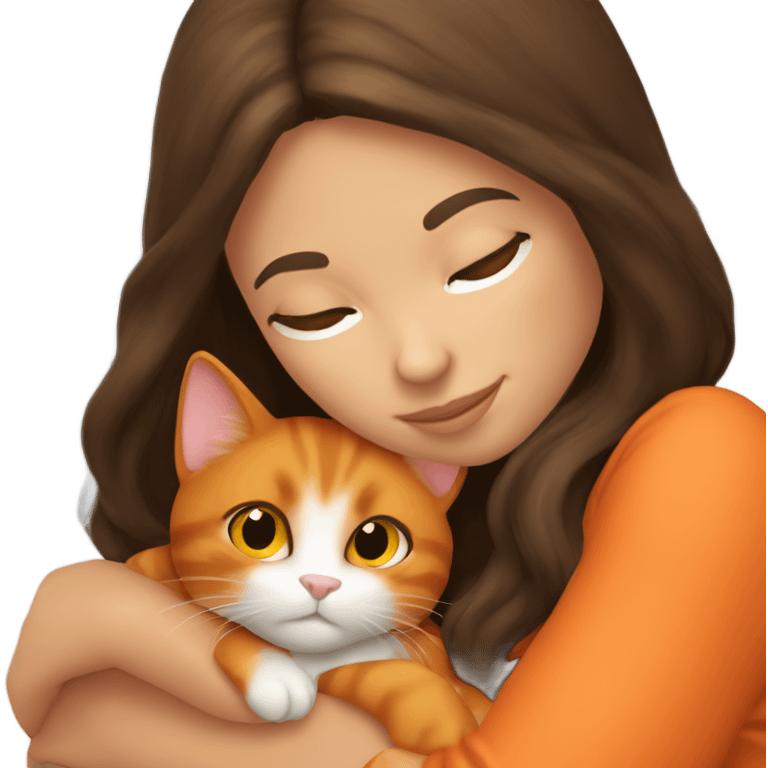 brunette hair girl snuggling orange cat emoji