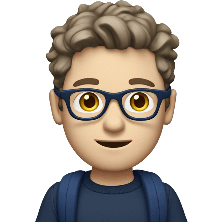 caucasian white boy with dark wavy  hair, blue glasses, and carrying design paper plan because he is an architect carrying a pencil and a set model maquette. wearing a navy blue long sleeve sweater shirt. smart.  emoji