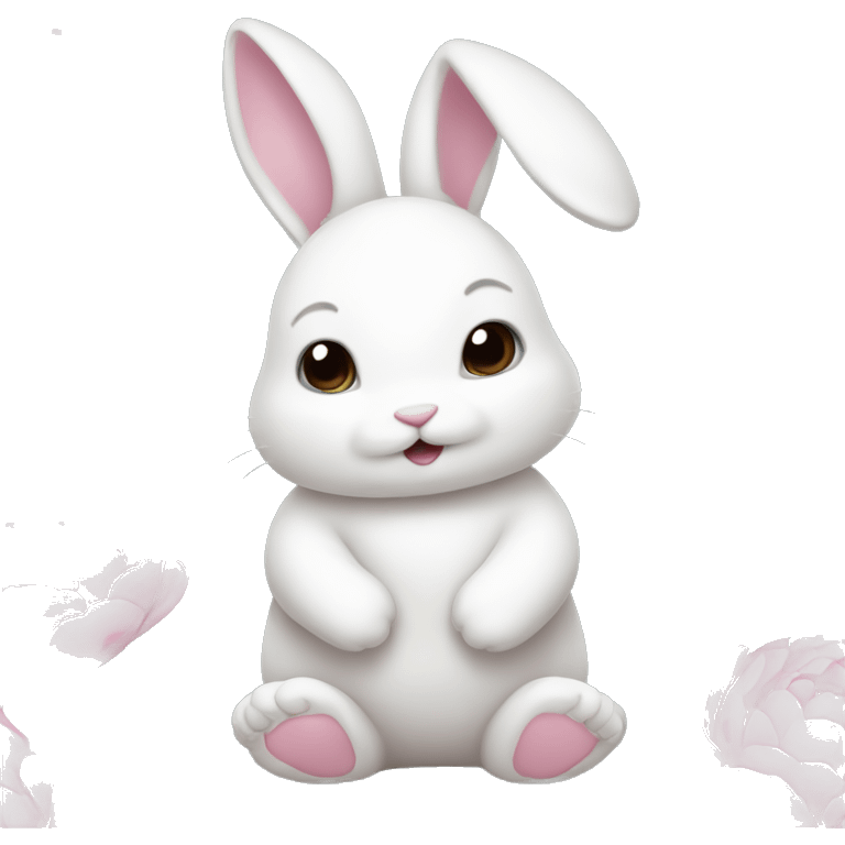 cute white bunny holding light pink peonies emoji