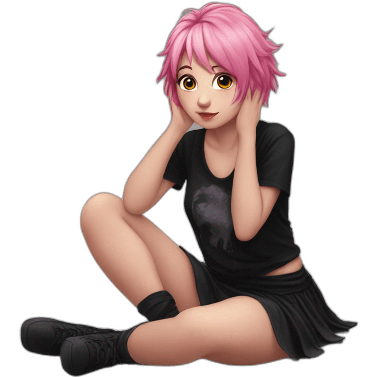 Front view curvy emo girl pink hair sits on the floor straight view hands up black skirt полосатые рваные чулки emoji