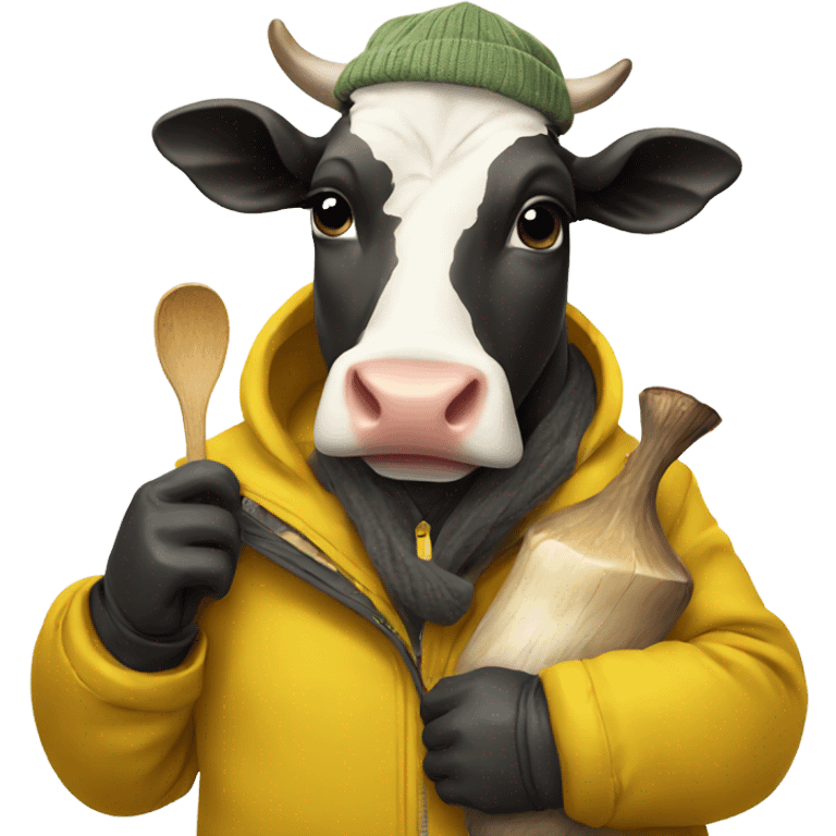 A cow wearing a mustard jacket skiing and holding a mushroom emoji