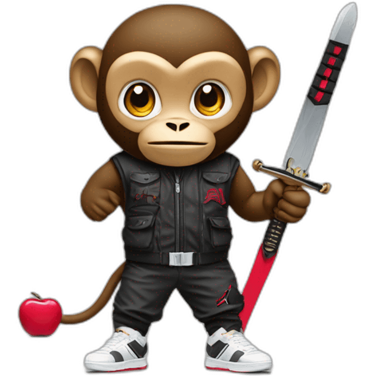 Monkey wearing Jordan 4 on its  feet with a bunch of Nike clothes  with swords emoji