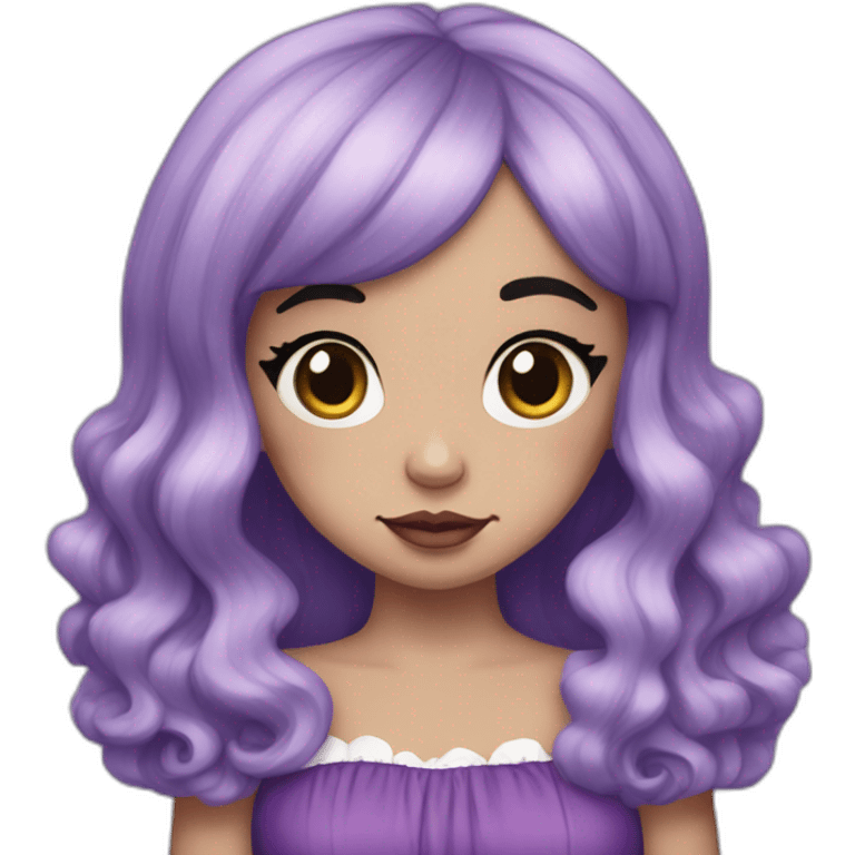 Melanie Martinez with long split dye hair and a purple dress with a heart emoji