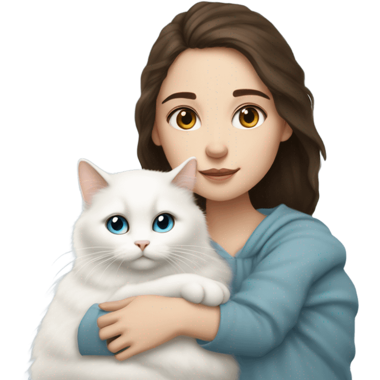 Brunette girl snuggling white fluffy cat with heterochromia. (Left eye light blue and right eye soft brown.) emoji