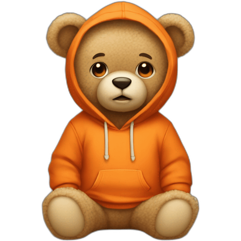 A cute beige teddy bear wearing an orange hoodie. His eyes are black. He's sitting on his butt. emoji