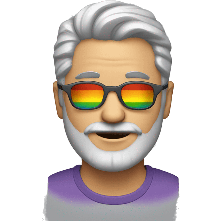 Gay British Man with grey hair and grey beard and with shades and earring with rainbow tshirt  emoji