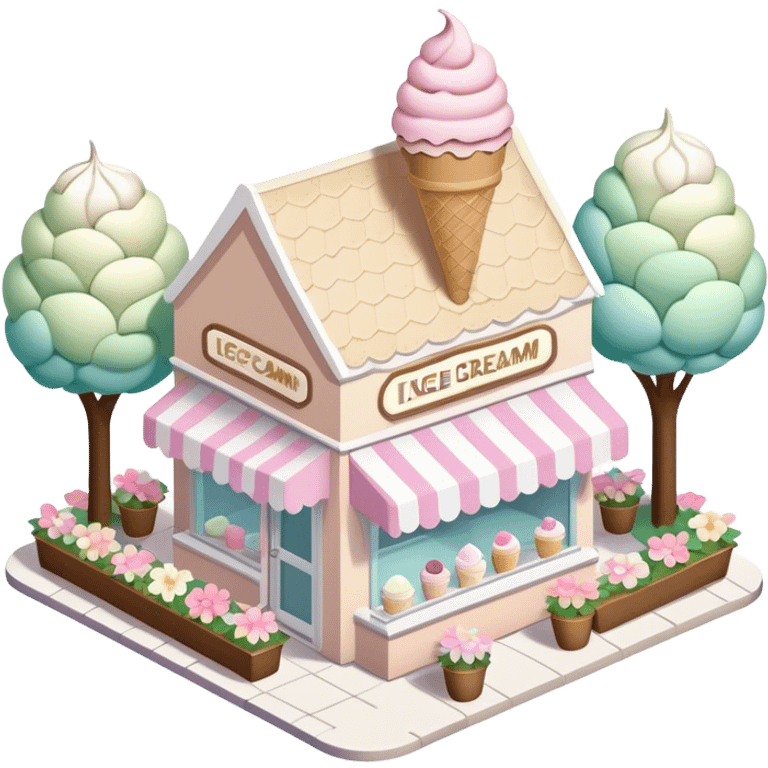 isometric exterior little beige and white ice cream parlour with abundant pastel florals everywhere emoji