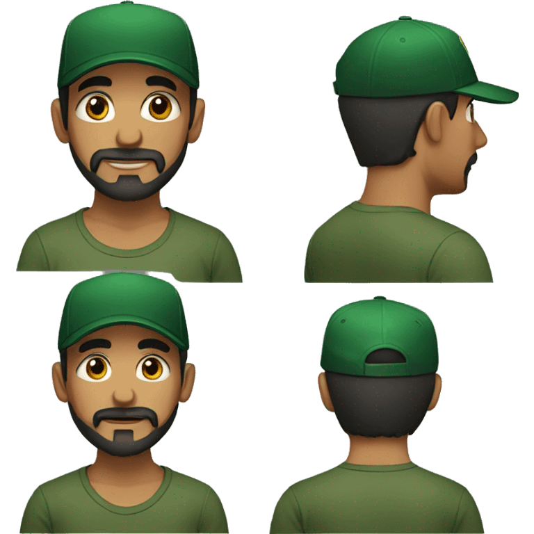 brown man with a dark beard, dark eyes, dark green t-shirt and a black cap emoji