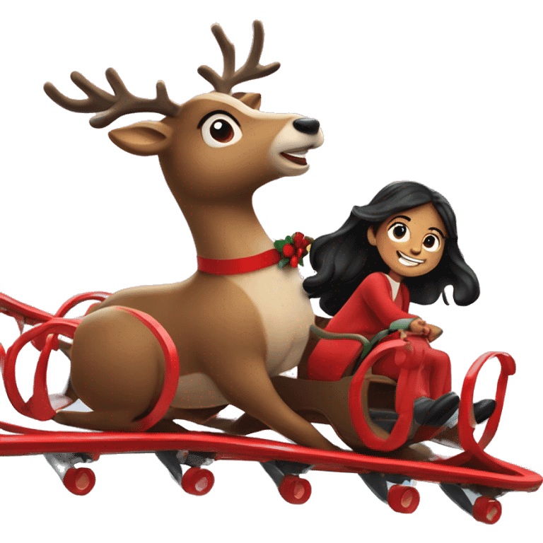 Reindeer with red wreath riding roller coaster with little girl long black hair emoji