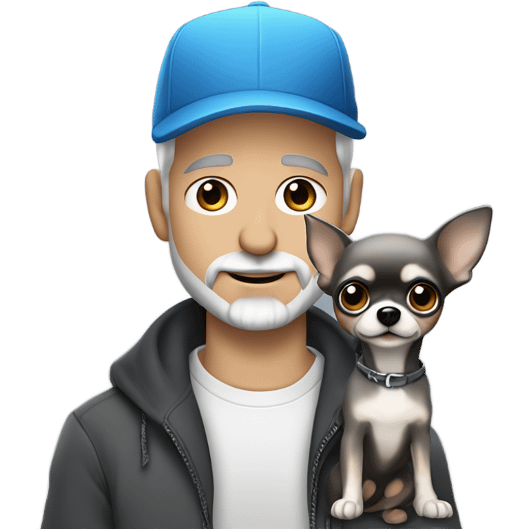 Handsome blue eyed man, with grey hair,  and grey goatee beard, wearing ball cap, holding ‘a black long hair chihuahua’ emoji