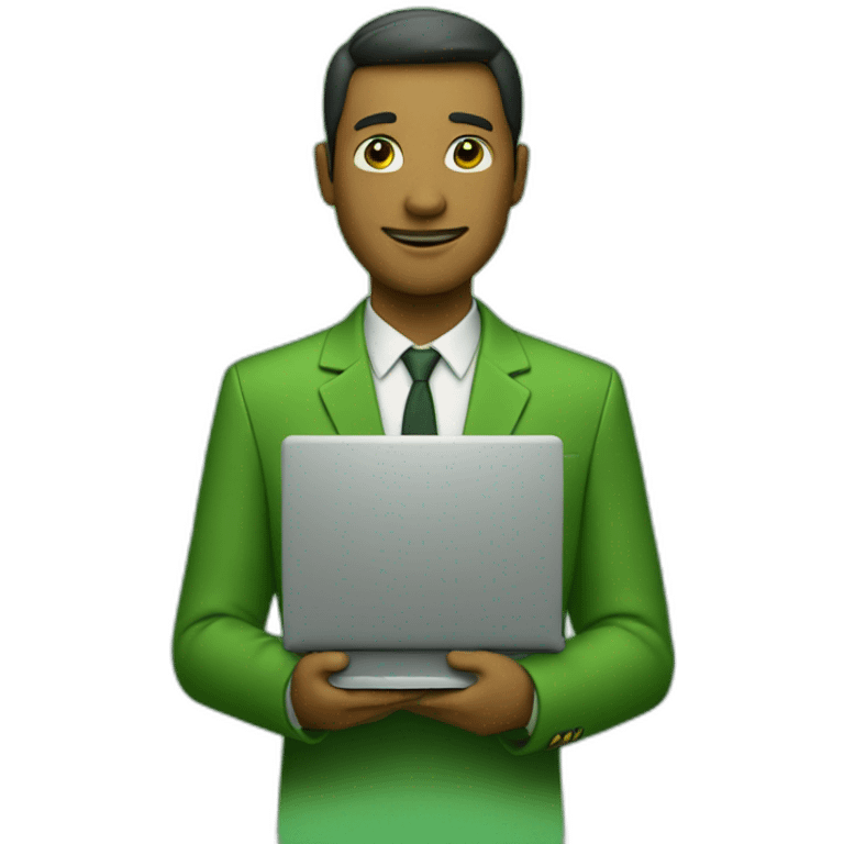 a man with a laptop, green stones in the background emoji