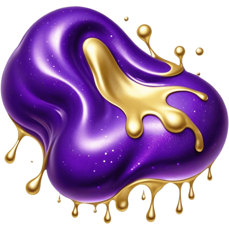 Cinematic Realistic Shiny Slime Mixed with Glitter, thick and glossy with swirling metallic flecks suspended inside, a dynamic mix of deep purple and golden sparkles, light catching every shimmer, flowing smoothly with realistic folds and ripples, glowing with an enchanting, almost liquid-metal effect. emoji