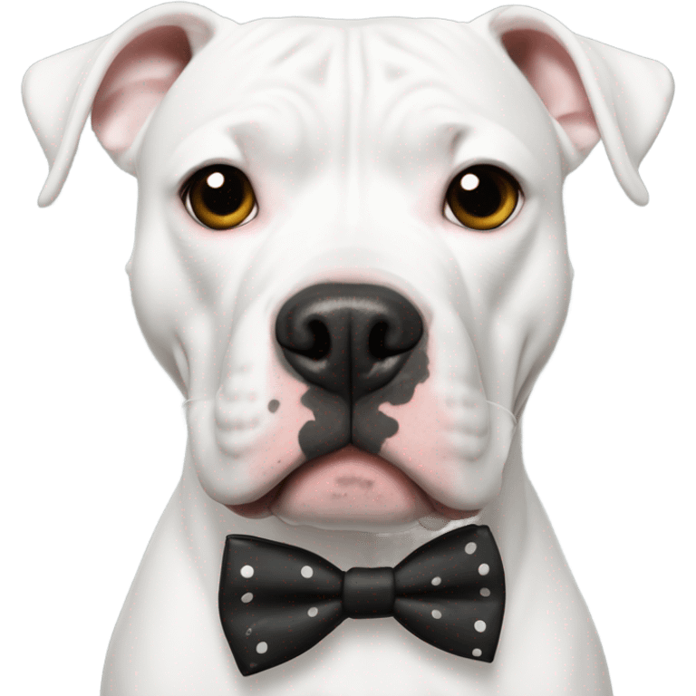 White pitbull with black spot over eye with bow tie emoji