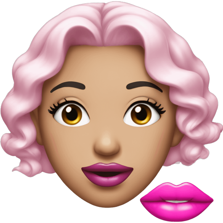 a smile with big lips with pink lipstick and lipgloss on it, also with closed eyes, large lashes and hands with long pink nails emoji