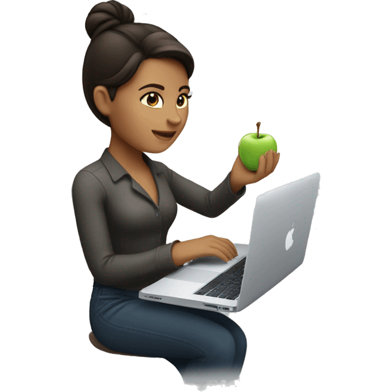 Brunette working on MacBook with Apple logo emoji