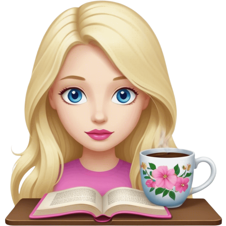 A cinematic, realistic blonde with long hair, blue eyes, and pink lips is sitting in a cozy atmosphere, reading a book, and there is a mug of floral coffee on the table next to it emoji