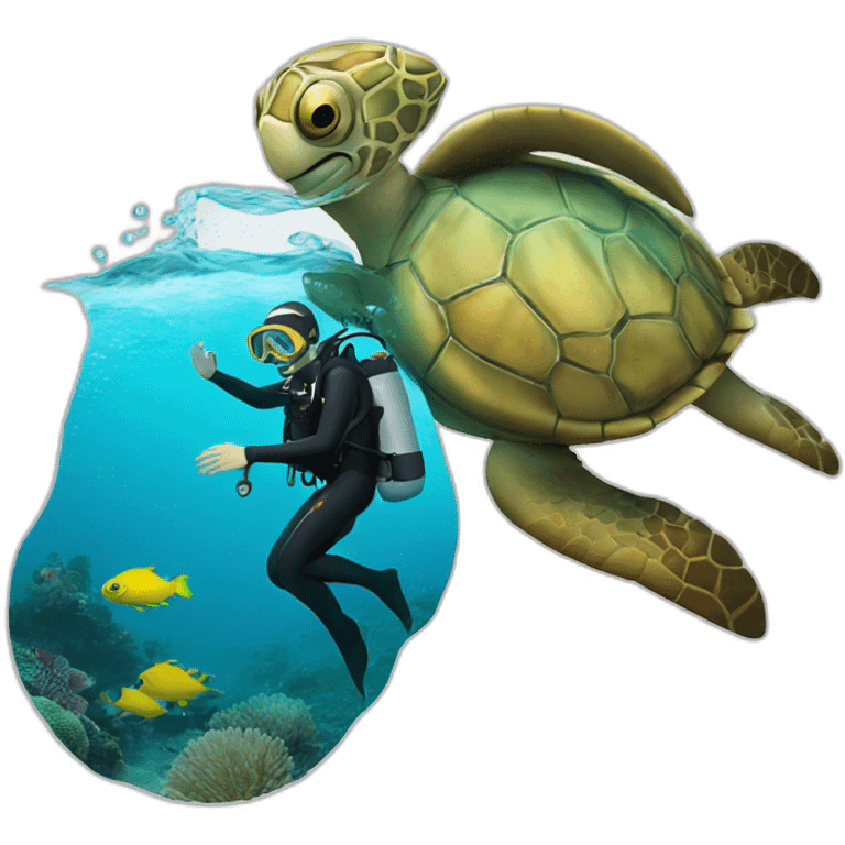 scuba diver diving with sea turtle emoji