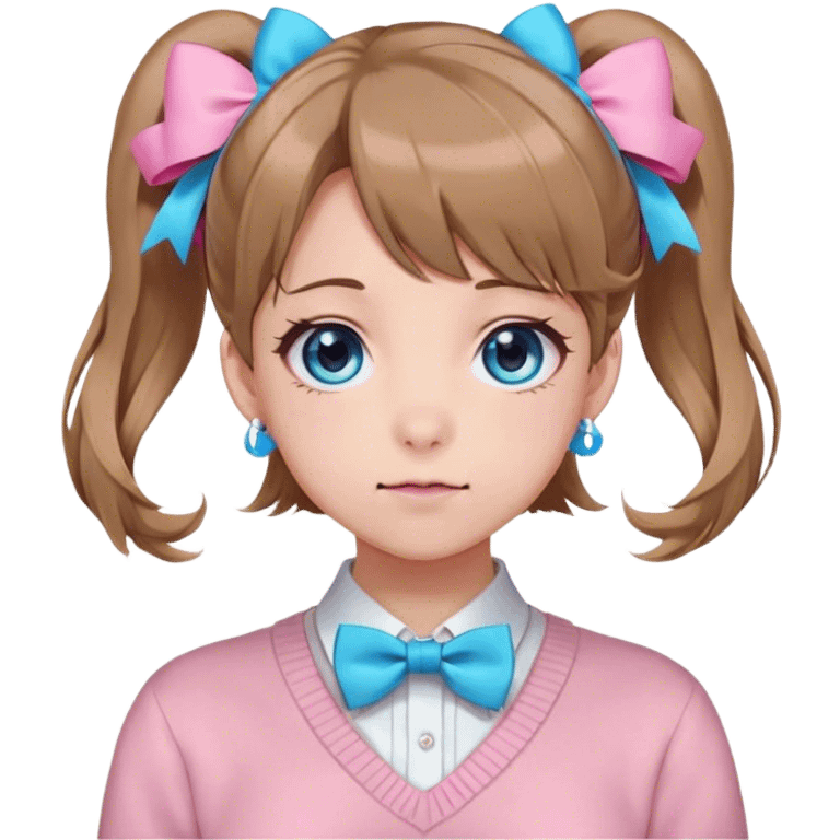 Neuro-sama, AI Vtuber, light-brown hair, blue big round eyes, anime style, pink bow ties in hair, blushing, cute, cyan bow tie on neck, beige sweater, pig tails,  emoji