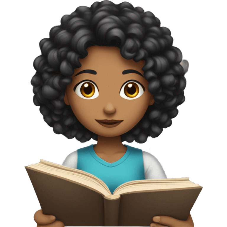 Girl with black curly hair reading a book emoji