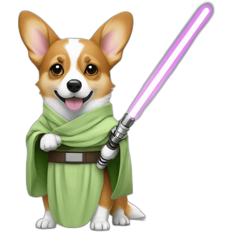 Corgi dress as yoda with one light saber green emoji