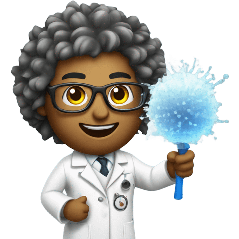 cartoon scientist with wild hair, wearing a lab coat and goggles holding a baseball hitting spray chart emoji