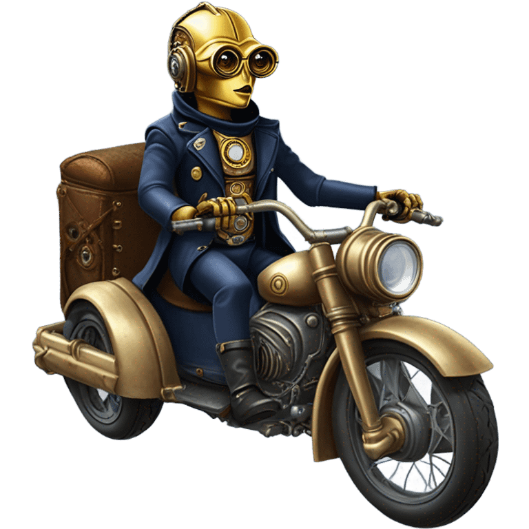 C-3PO wearing a pair of navy-blue rimmed steampunk goggles, hat, leather chaps, fringe jacket riding a fast 3 wheeler trike steampunk motorcycle on ice  emoji