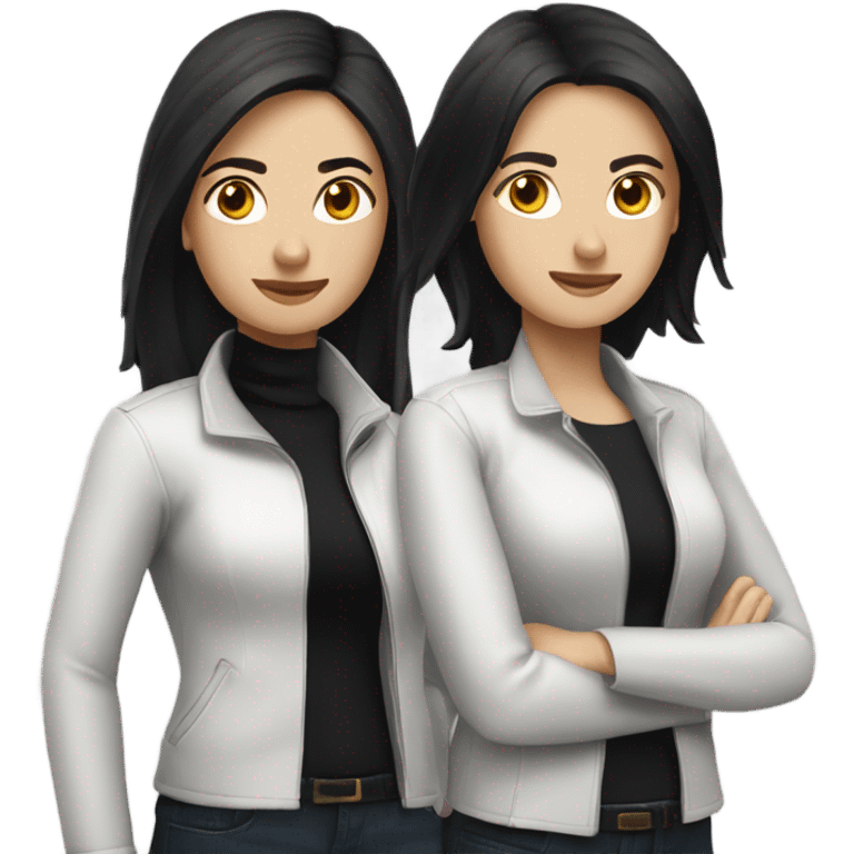 two caucassian woman with black jackets. One has black hair the other one has brown hair and is slightly shorter then the woman with black hair emoji