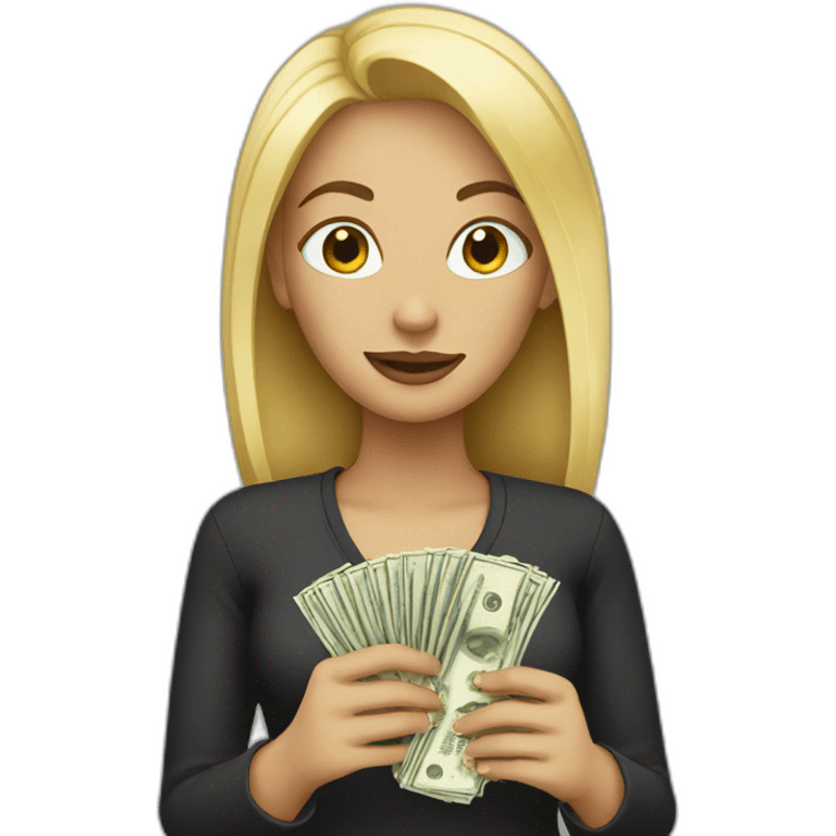 Woman with blonde hair holding money emoji