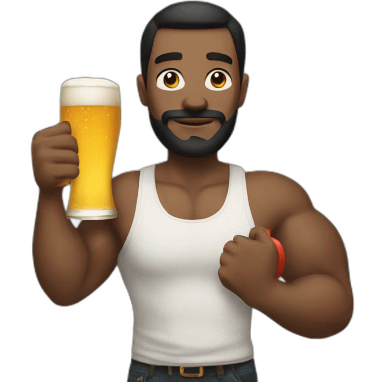 man holding a dumbbell and a bottle of beer emoji