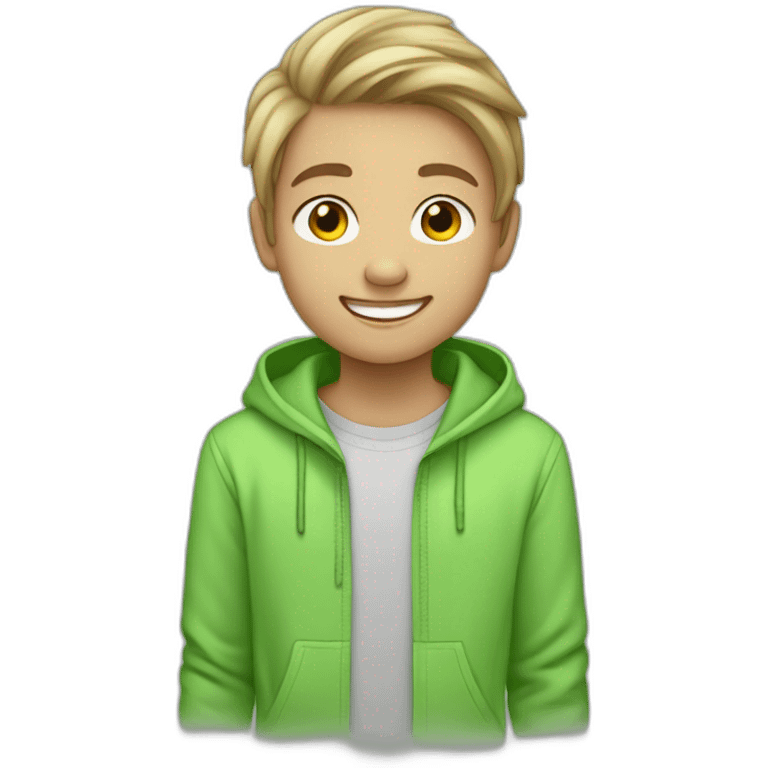 An 11 year old smiling boy with light skin and half long blind hair wearing a light green hoody emoji