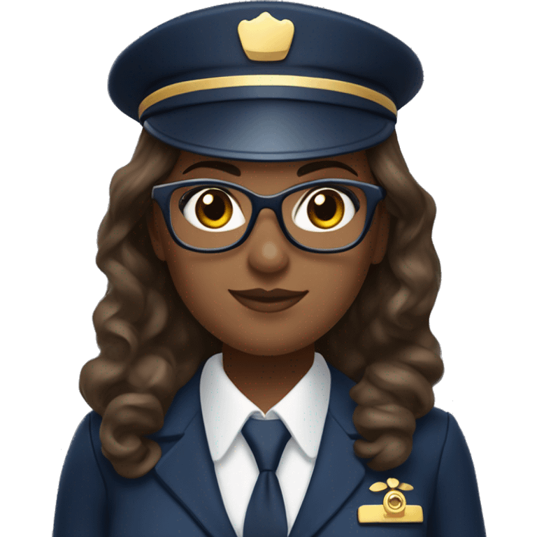 Emoji-style plus-sized flight attendant with wavy brown hair and golden eyeglasses, wearing a navy uniform, holding a heavy stack of caps. emoji