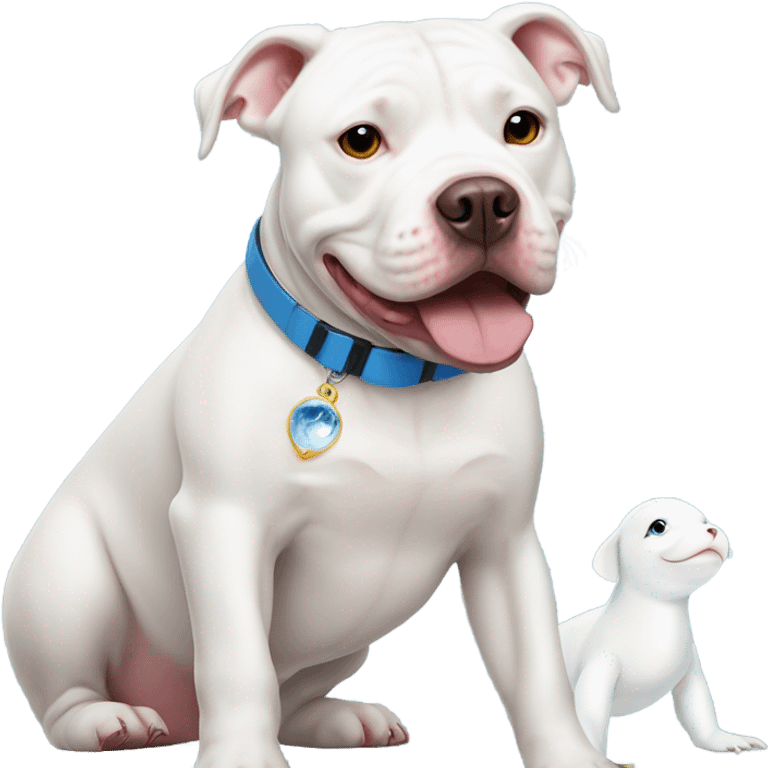 White pitbull with a collar that spells out Ice next to beluga whale  emoji