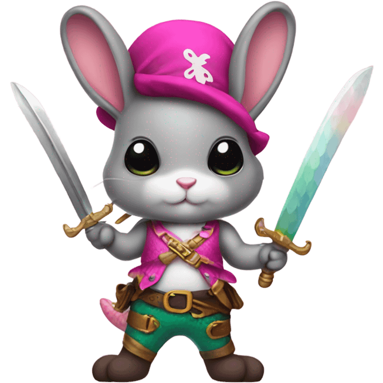 Rainbow mermaid bunny wearing pink pirate clothes and sword emoji