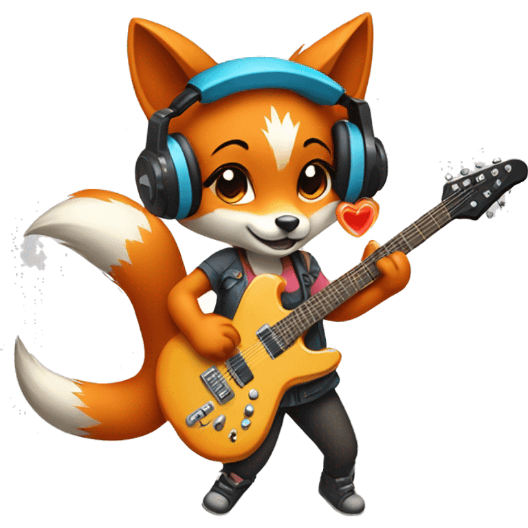 cute girl fox wearing headphones and playing an electric guitar emoji