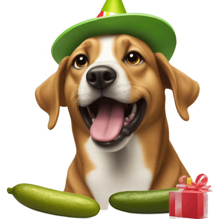 A dog wearing a birthday hat and eating a pickle emoji