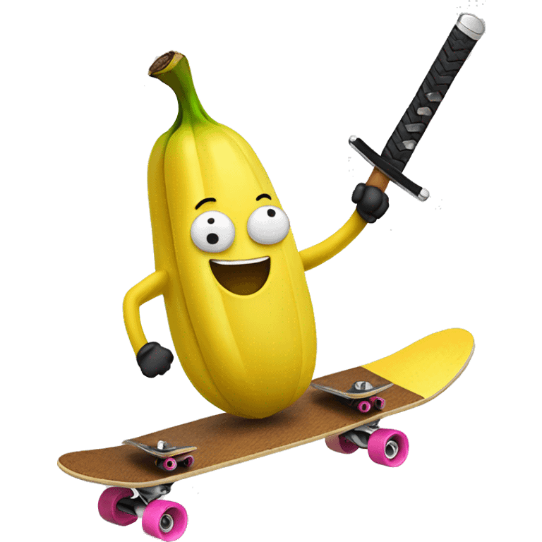 Banana on a skateboard with a samurai sword emoji