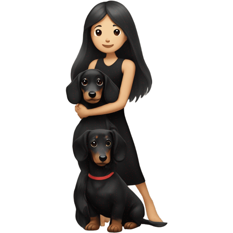 an Asian girl with long hair, wear black dress, hugging a black and tan long haired dachshund emoji