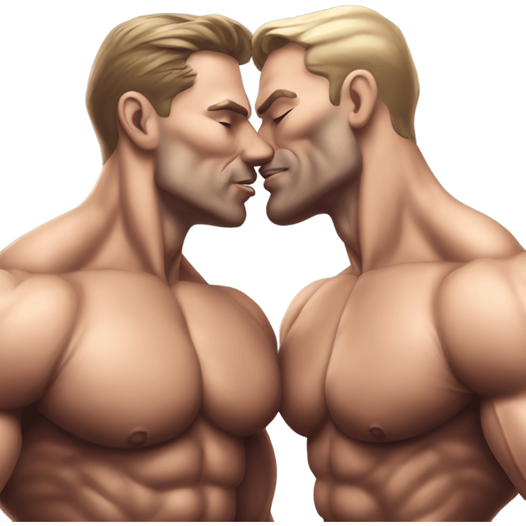 Muscular Caucasian gay bodybuilders kissing realistic emoji