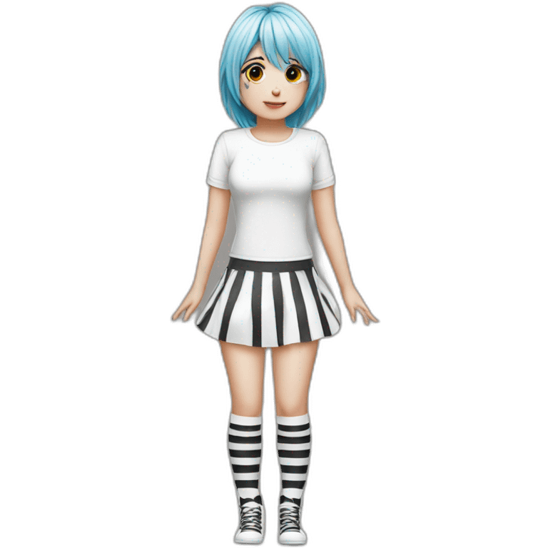 Hyperrealistic Frontal view curvy emo girl sits white skirt striped stockings hands up emoji