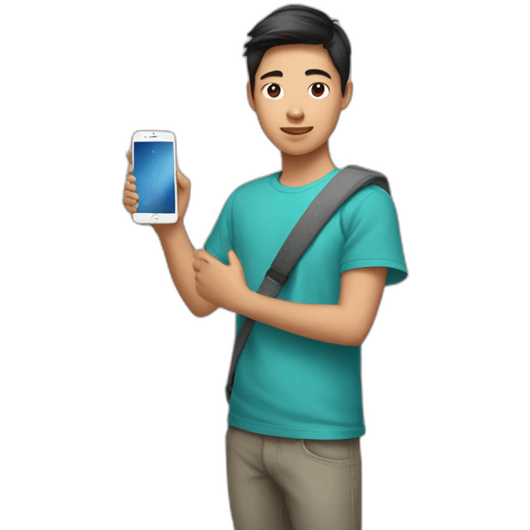 asian teenager with iphone and ipad on hand emoji