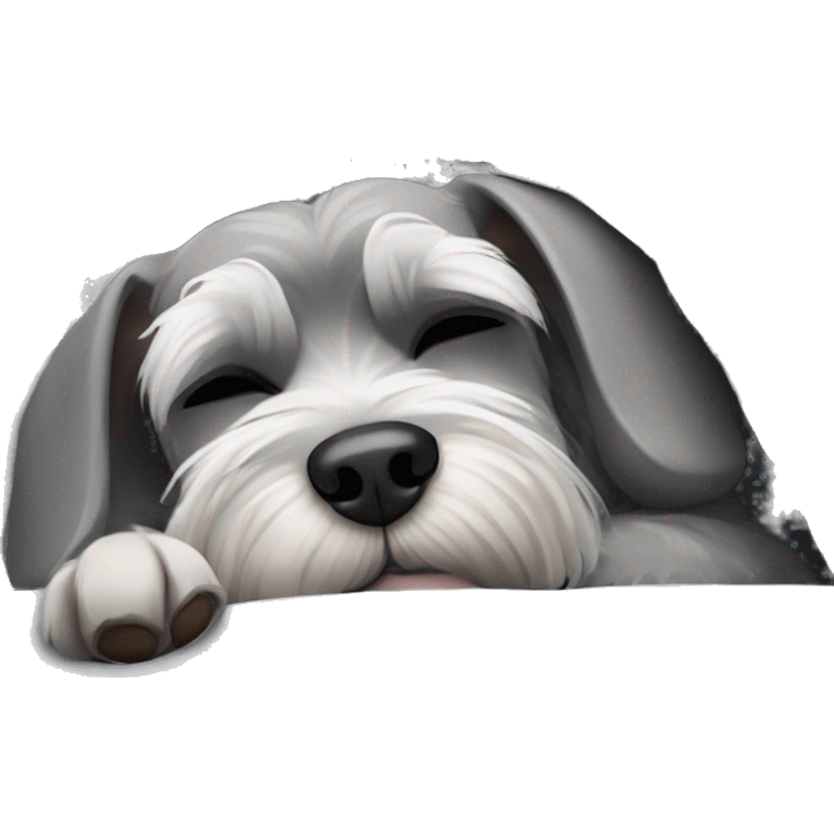 Grey and white mini schnauzer asleep curled up in a cozy grey bed      emoji