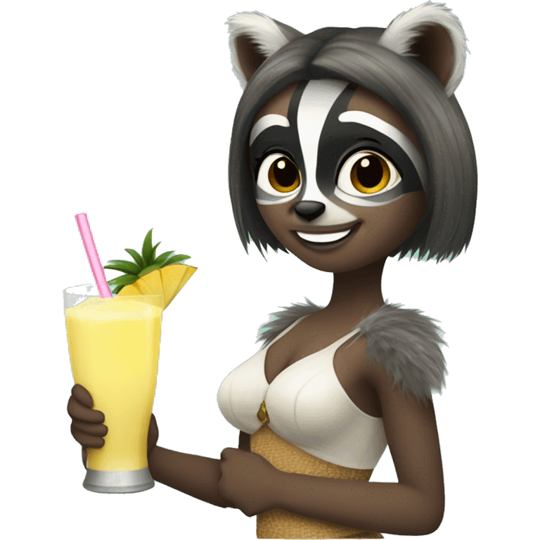 A raccoon girl holding a pina colada emoji