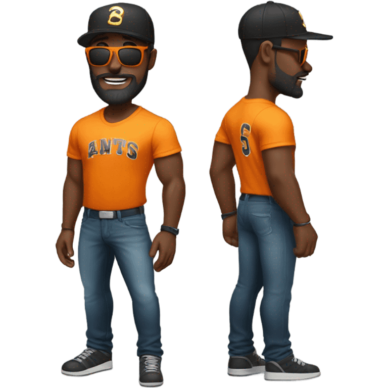 Muscular Black man in shades with a beard, mustache, and orange tee shirt with baseball cap. emoji